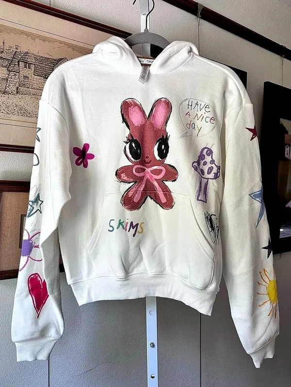 SKIMS Rare Happy Bunny Cotton Fleece Hoodie Marble XS NWT - Image 2