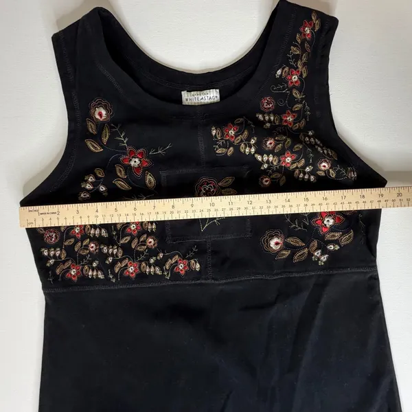 White Stag VTG Black Sleeveless Floral Embroidered Midi Jumper Dress Medium Boho - Image 8