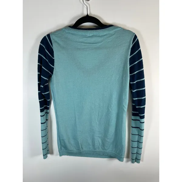 Smartwool Womens Merino Wool V-Neck Striped Sleeve Sweater Light Blue Navy‎ - Image 6