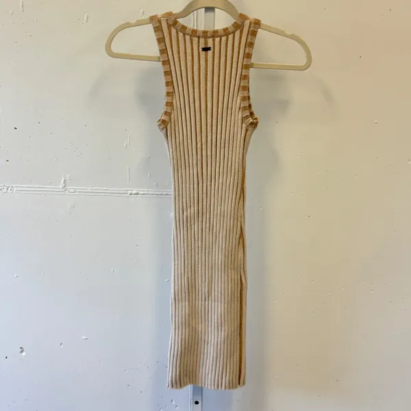 Ghanda Boutique Ribbed Knit Mini Dress Tan Cream Striped Bodycon Sleeveless Sm - Image 2