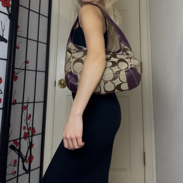 Coach Signature Monogram Purple Leather Trim Hobo Shoulder Bag Handbag Purse - Image 3