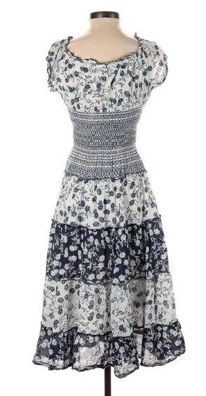 Mixed floral print boho smocked shirred midi maxi patchwork navy white dress - Image 2