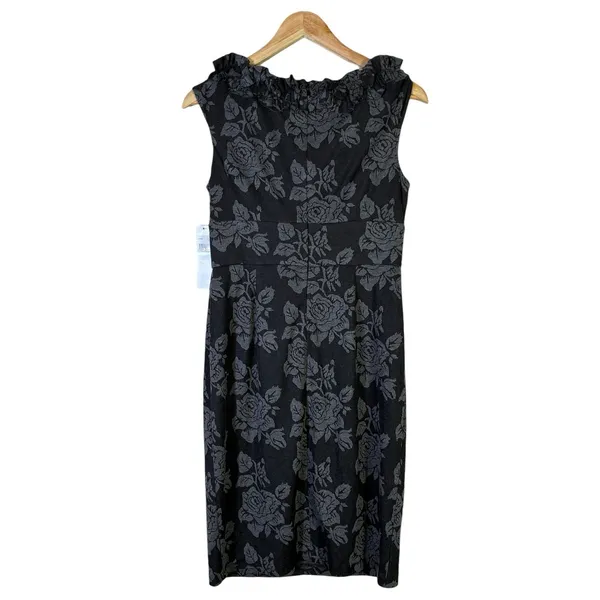 NWT London Times Floral Ruffle Sheath Dress Womens 8 Black Knit Modest Church - Image 5