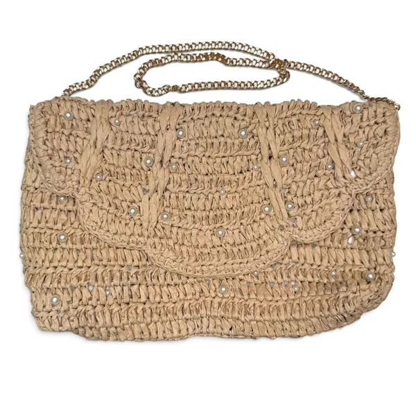 NWOT J.Crew Raffia Straw Small 9 x 6" Purse or Clutch Bag Pearls Gold Chain - Image 2