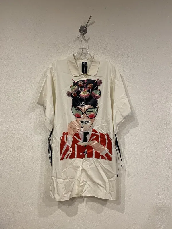 Longdeng Button Up Tunic Shirt Womens Large White Collared Graphic Print Top - Image 2