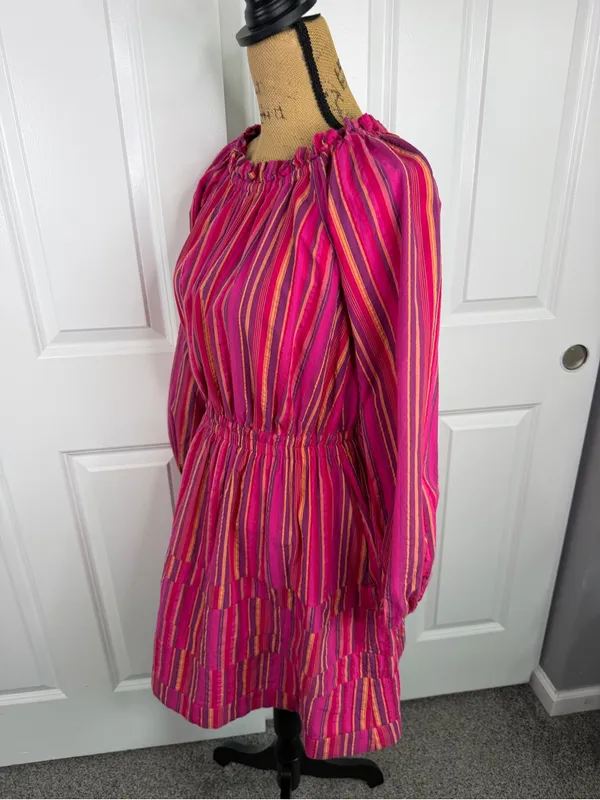 BURU Size S Pink Striped Cotton Long Sleeve Tiered Mini Dress - Image 8