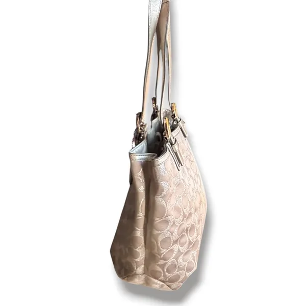 COACH SoHo Signature C Metallic Silver Jacquard Leather Trim Tote Shoulder Bag - Image 3