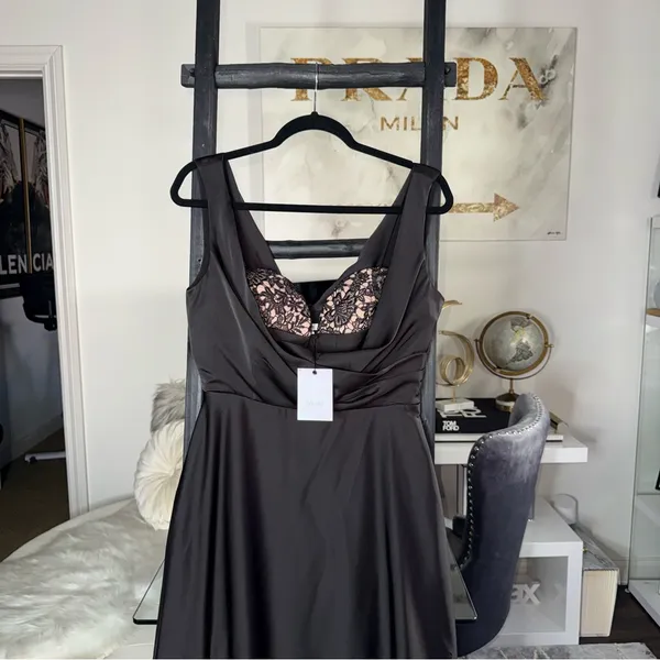 Sau Lee Black Satin Lace Bodice Drape Midi Dress Womens Size US 8 New NWT - Image 5