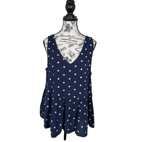 LOFT Women's Navy Polka Dot Sleeveless V-Neck Peplum Blouse Size L casual - Image 2