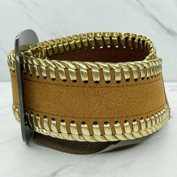 Brown Faux Suede Stretch Belt Metallic Gold Lacing Large/XL (L/XL) ✨ - Image 2