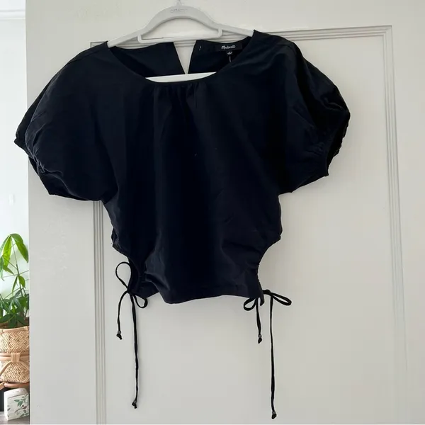 Madewell Embroidered Poplin Puff-Sleeve Cutout Crop Top in True Black NWT - Image 7
