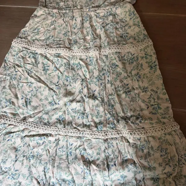 Lucky Brand Floral Maxi Dress M Blue Green Crochet Trim Boho Ruffle Sleeve - Image 4