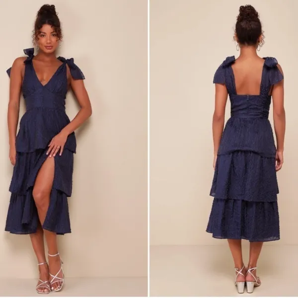 LULU's Prom Wedding Boho Swiss Dot Bustier Chic Navy Midi Dress NWOT - Image 2