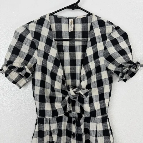 Bec + Bridge Dress Womens 2 Black White Gingham Tie Front Button Down Mini - Image 2