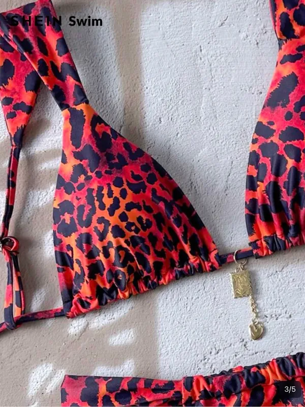 Red Orange Leopard Print Triangle Bikini Set - Image 2