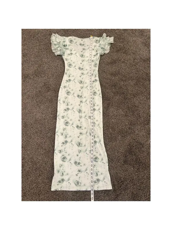 White Green Floral Maxi Dress Ruffle Sleeve Bodycon XS - Image 8
