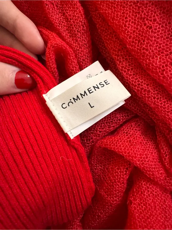 Commense Red Maxi Sweater Dress Ribbed Large Turtleneck Sheer Hem Evening - Image 8