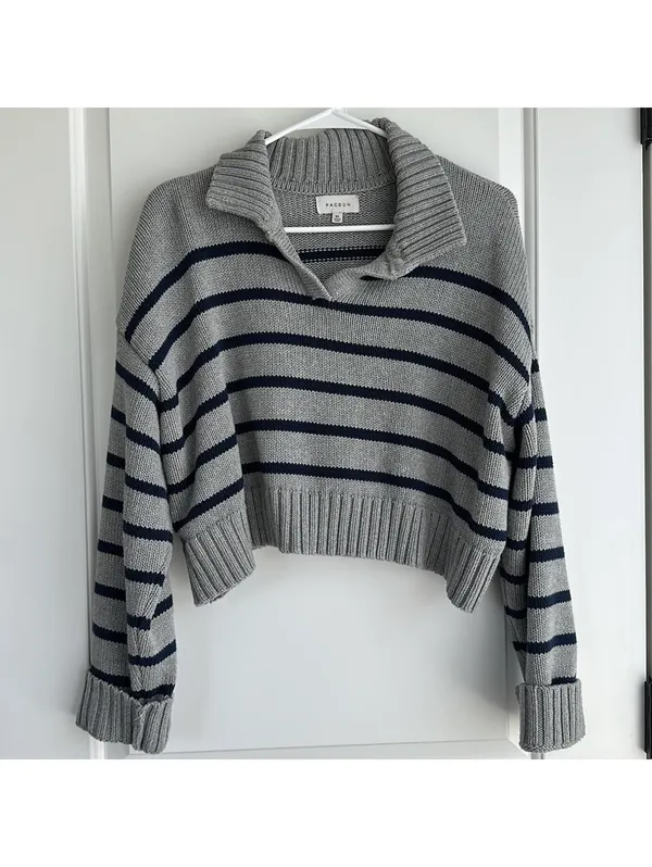 PacSun Callie Cotton Stripe Crop Polo Sweater Heather Gray XL - Image 4