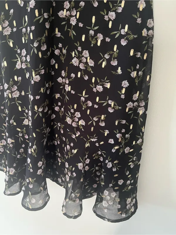 Black Pink Dainty Floral Chiffon Puff Sleeve Mini Dress Small Romantic Tea Party - Image 6