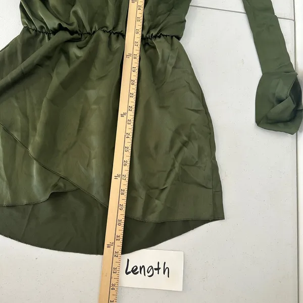 New PRETTYLITTLETHING Khaki Satin Cowl Cold Shoulder Bodycon MiniDress‎ Green 4 - Image 11