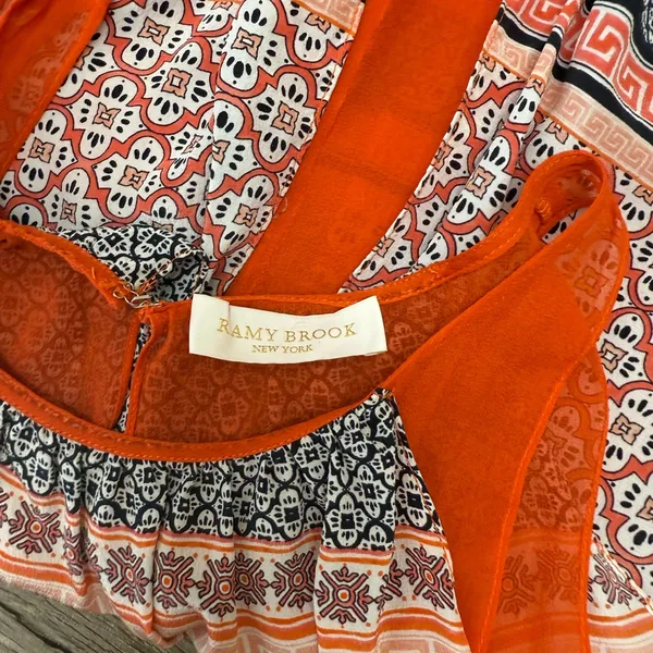 Ramy Brooks‎ orange and blue printed silk dress size medium - Image 6