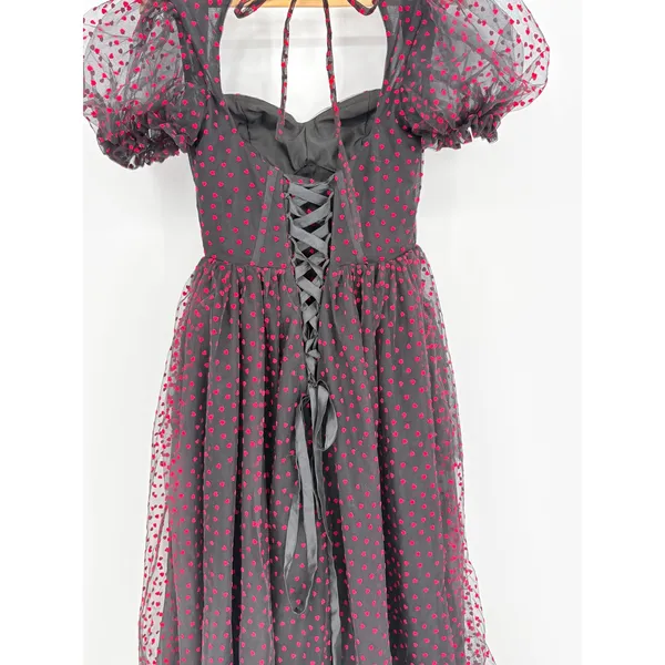Heart Print Tulle Corset‎ Midi Dress Small Black Red Goth Coquette Prom Formal - Image 10