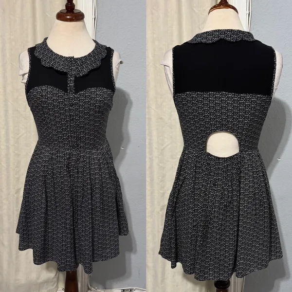 Ladakh Black White Geometric Print Fit Flare Zip Dress Women Size 4‎ Cutout - Image 2