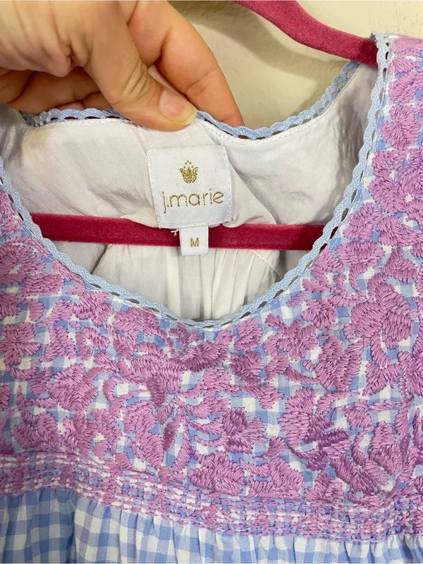 J. Marie Blue Gingham Plaid Flutter Sleeves Floral Embroidery Tiered Midi Dress - Image 3