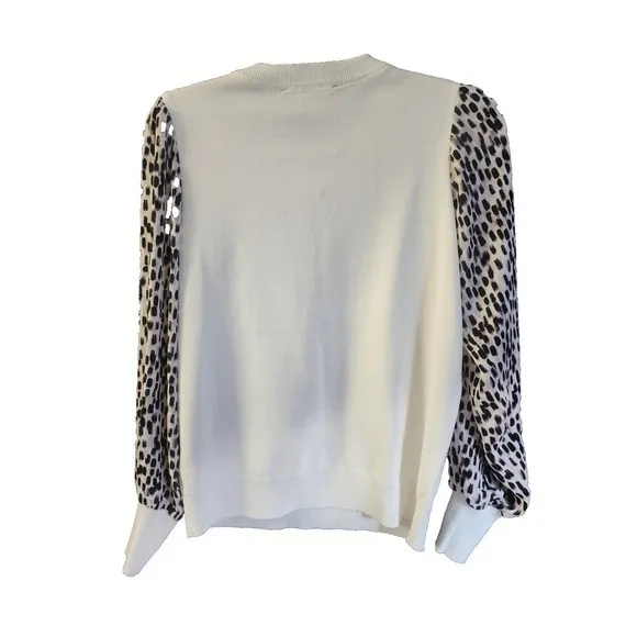 Zac & Rachel‎ Ivory Top Leopard Print Puff Sleeve Crew Neck Size S Sweater - Image 2