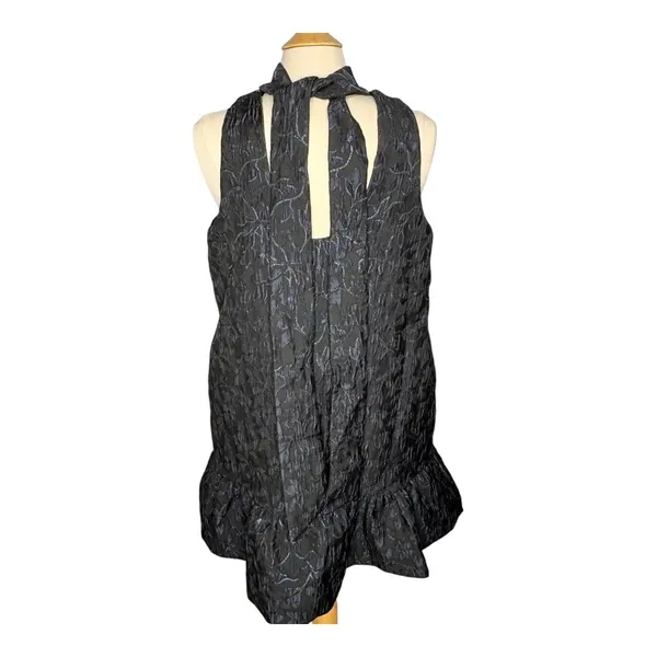Scoop Mini Dress Women Large Black Blue Metallic‎ Floral Jacquard Mock Neck Tie - Image 15