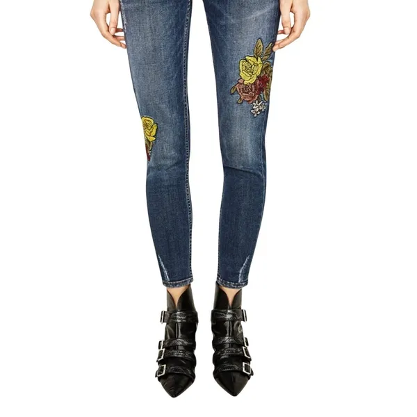 Zara Basic Z1975 Denim Women Blue Embroidered Rose Skinny Jeans Boho Size 4‎ - Image 3