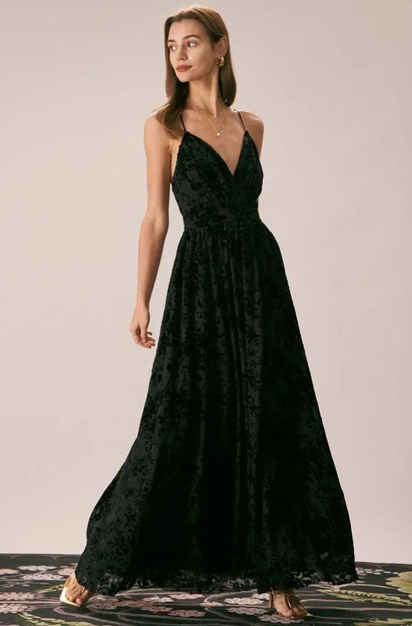 Rihoas Black Floral Flocked Mesh Slit Maxi Dress - Image 3