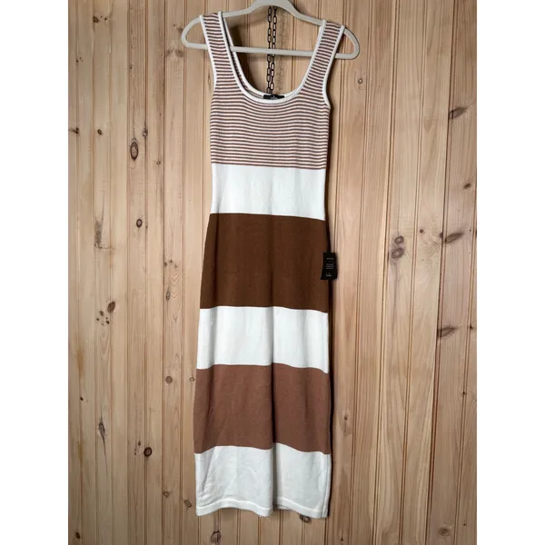 NWT Lulus Easily Gorgeous Ivory and Brown Striped Midi Sweater Dress Casual Sz S - Image 2
