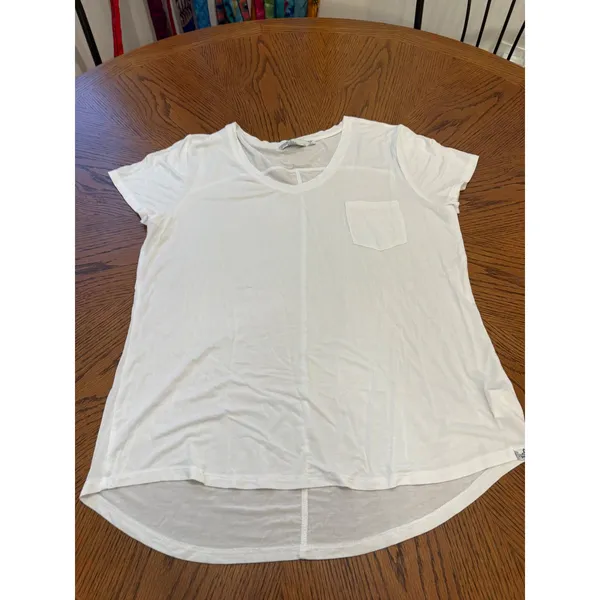 Prana V-Neck Pocket T-Shirt Womens Large White Modal Blend High Low Hem - Image 2