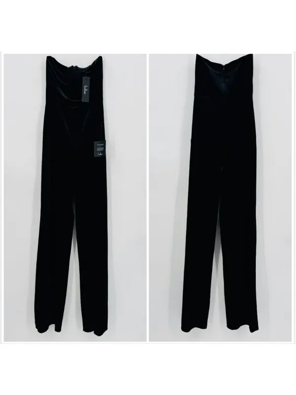 NWT Lulus Black Velvet Moody at Midnight Strapless Notched Jumpsuit XS - Image 3