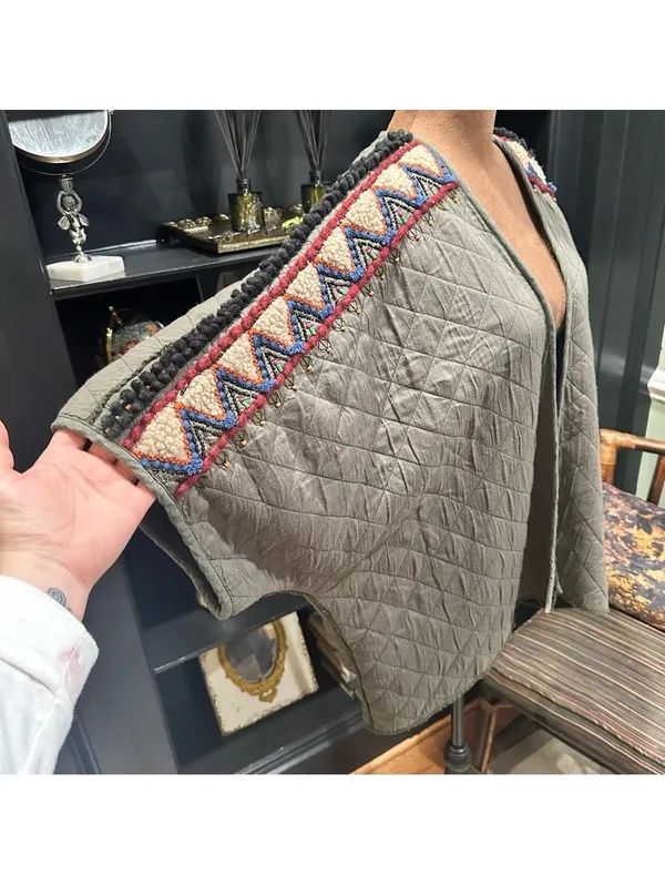 Anthropologie BL^nk London Quilted Faux Fur Jacket – Moss Green – Boho Beaded - Image 3
