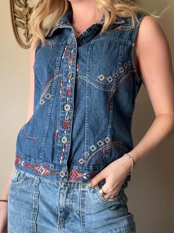Christopher & Banks 2006 Embroidered Denim Sleeveless Button-Front Vest - Image 6