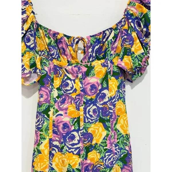 Zara Floral Puff Sleeve Mini Dress Purple Yellow Rose Print Sweetheart Neck XS - Image 3