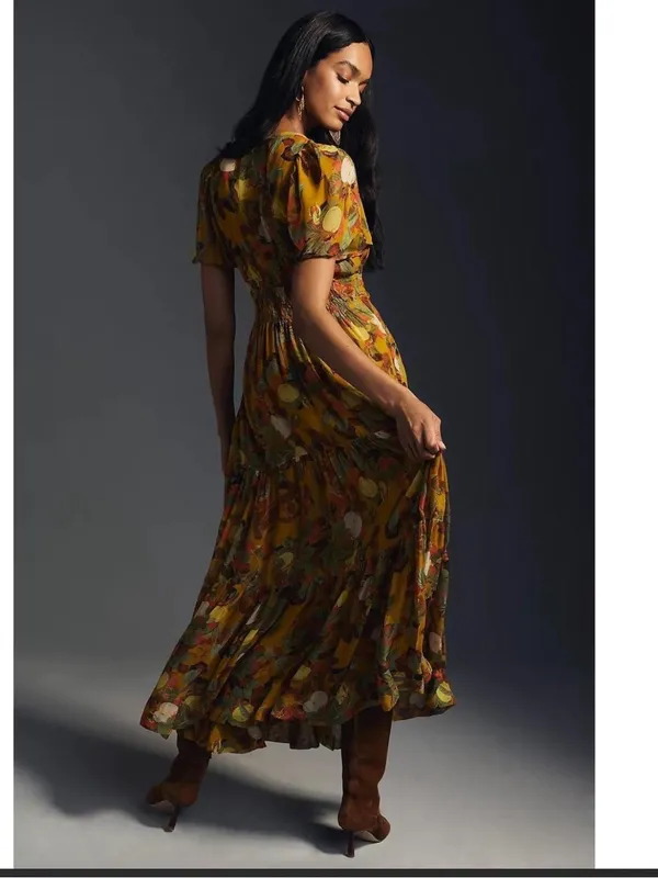 Anthropologie Yellow Fruit Print Smocked Waist Tiered Dress, Size XL - Image 2