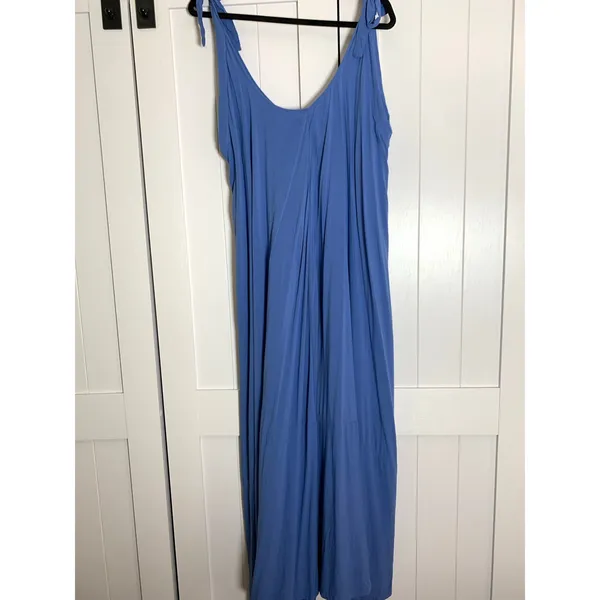Love X Design Maxi Dress XL Blue Rayon Boho Flowy Tiered Tie Shoulder Resort - Image 5