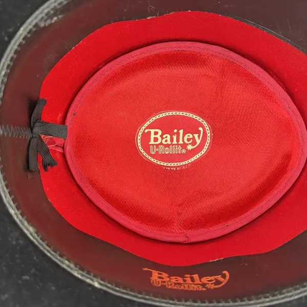 Bailey 7 1/8 Cowboy Hat U-Rollit Feather Trim Vintage Western Black Burgundy - Image 11