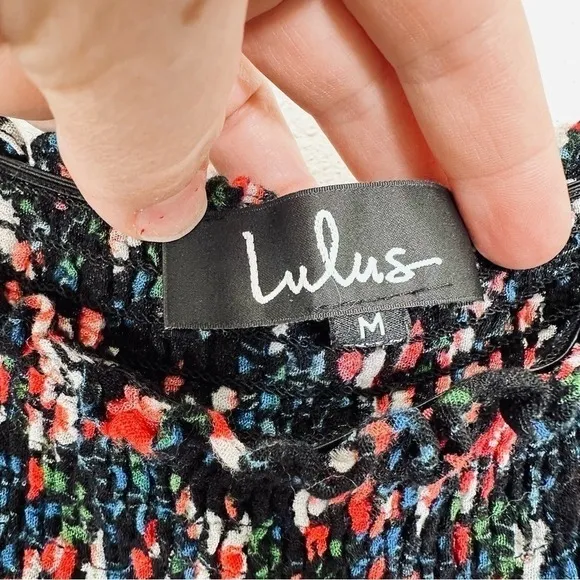 Lulus Ditsy Floral Dark Off‎ the Shoulder Smocked Bodice Midi Dress Milkmaid Med - Image 2