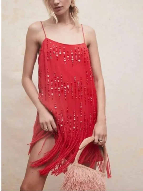 Free People Red Crystal Clear Fringe Retro Flapper Round Neck Thin Strap Dress S - Image 5