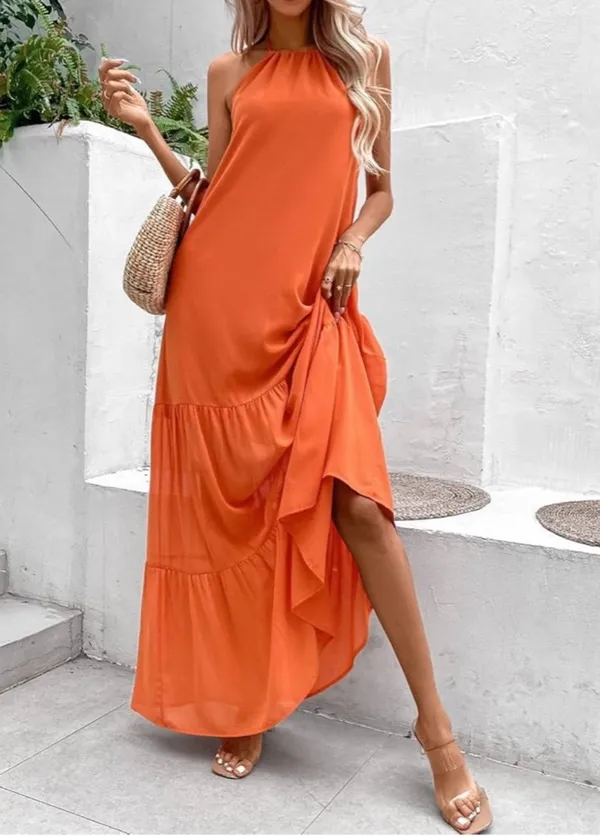 Backless Halter Tiered Maxi Dress in Orange size M - Image 2