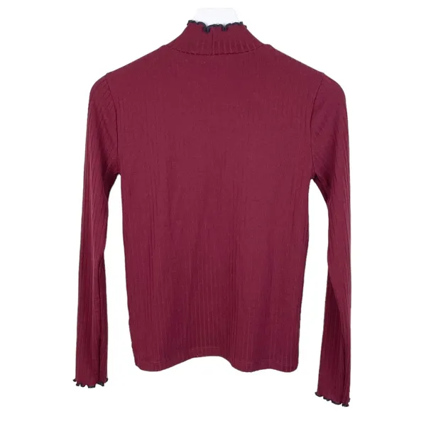 J. Crew Contrast Trim Ribbed Long Sleeve Roll Neck T-Shirt Size XS Maroon K3235 - Image 3