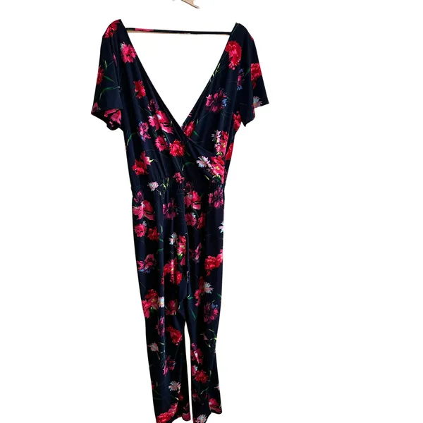 Express Floral Surplice Jumpsuit Large Navy Pink Womens Stretch Knit - Image 8