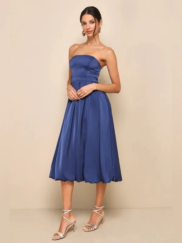 Lulus Lavish Elegance Navy Blue Satin Strapless Bubble-Hem Midi Dress, Size XS - Image 5