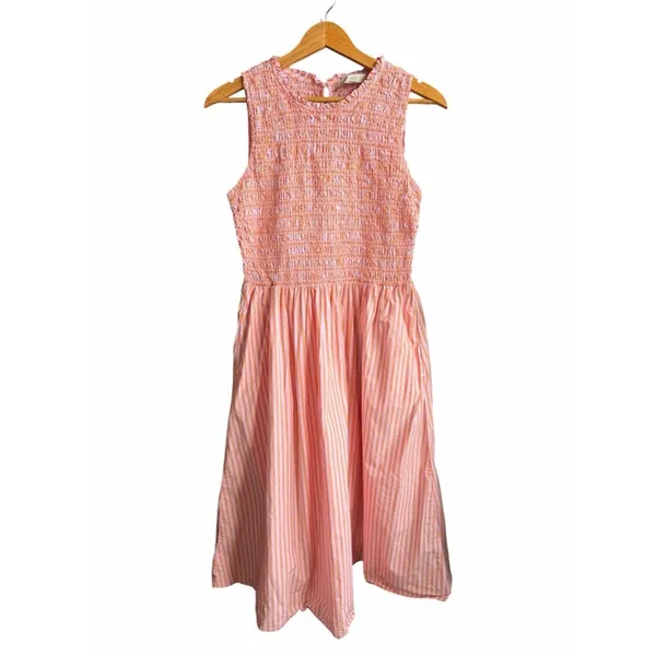 LOFT Striped Poplin Midi Dress Women’s M Pink Orange Sleeveless Smocked Preppy - Image 2
