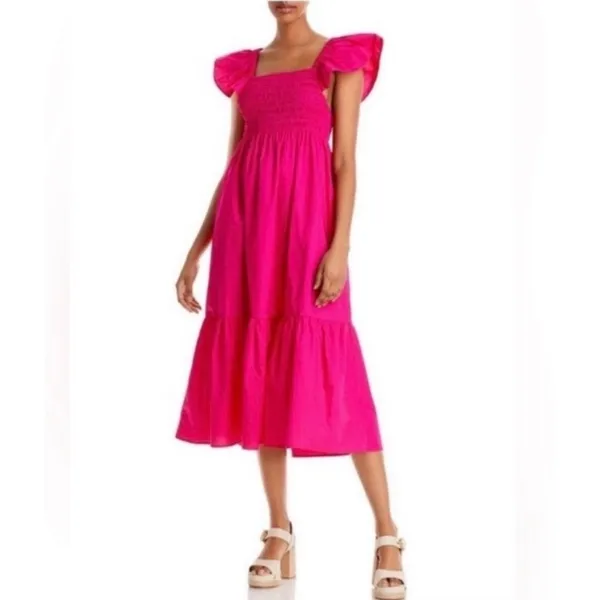 Jason Wu Smocked Eyelet Open Back Midi Dress‎ Large Hot Pink - Image 7