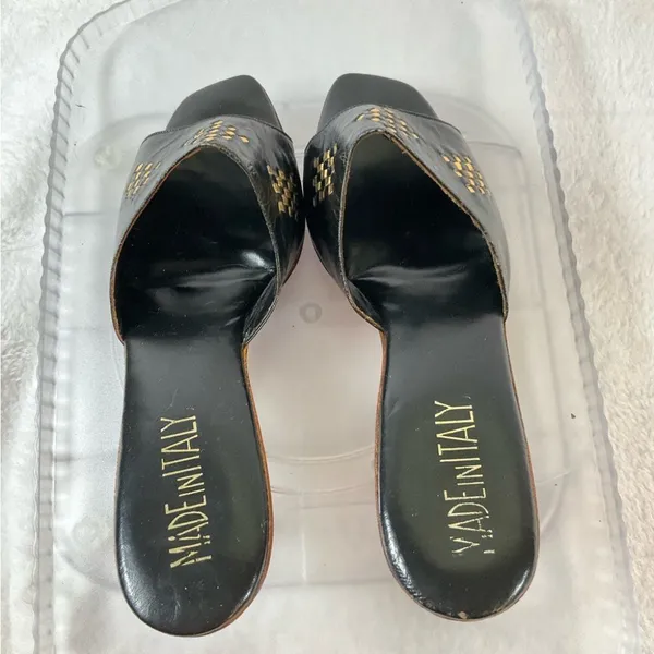 Black Leather Studded Brass Heels Slides Sandals Sz 8.5 Narrow made‎ in Italy - Image 5